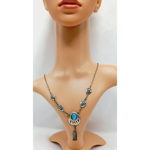 NAVAJO Bear Paw Shadow Box Turquoise W/Dangle Feathers Silver 925 Necklace - Picture 6 of 11